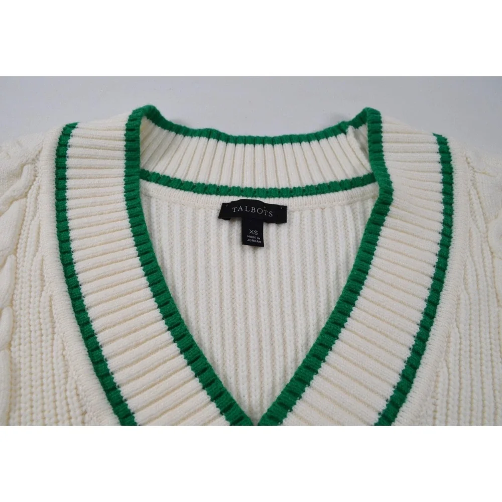 TALBOTS Sweater Vest Womens XS White Cable Knit V Neck Green Trim Preppy - Picture 11 of 13